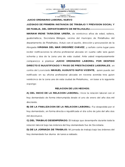 Juicio Ordinario Laboral De Despido Directo E Injustificado Y Pago De Prestaciones Laborales