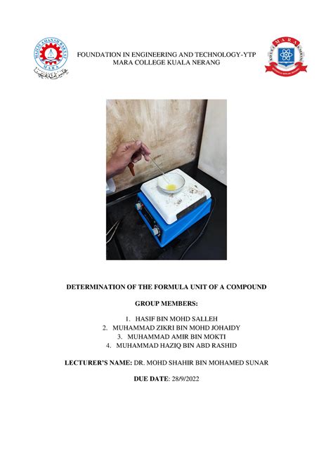 Lab Report Experiment 2 Chemistry 1 Determination Of The Formula Unit