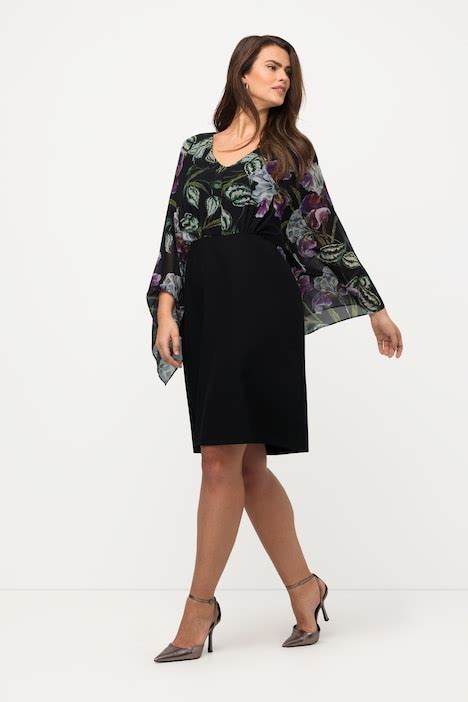 Draped Layered Bodice Floral Dress Black Ulla Popken