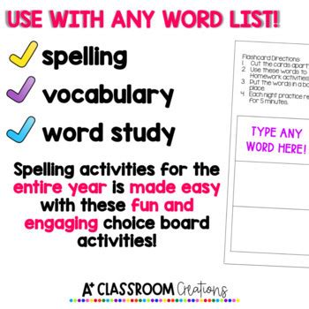 Spelling Choice Board Activities For Any Word List Editable Tpt