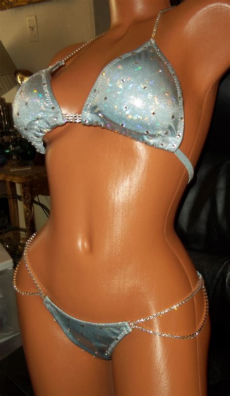 Style 1028 White Metallic Competition Bikini With Rhinestone Connectors