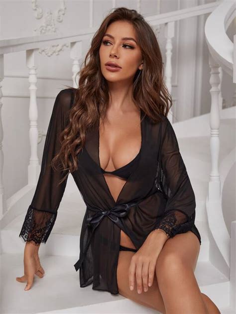 Contrast Lace Belted Sheer Mesh Sleep Robe Without Lingerie Set Shein Uk