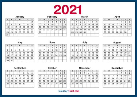 2021 Calendar Printable Free, Horizontal, HD, Green – CalendarzPrint ...