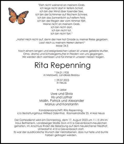 Alle Traueranzeigen für Rita Repenning trauer rp online de