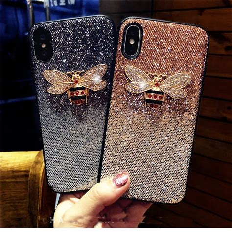 Capa De Celular Luxuosa De Metal Diamante Abelha Glitter Para Iphone