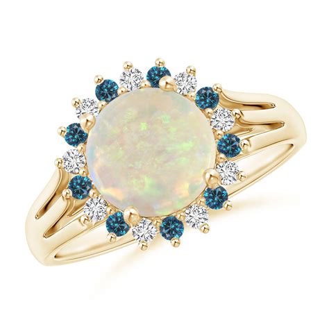 Round Opal Triple Split Shank Ring With Alternating Halo Angara