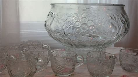 Vintage Glass Punch Bowl Set With Fruit Pattern