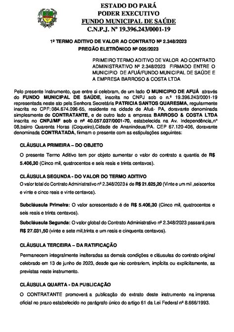 1º TERMO ADITIVO DE VALOR AO CONTRATO Nº 2 348 2023 Prefeitura