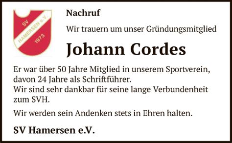 Traueranzeigen Von Johann Cordes Trauer Kreiszeitung De