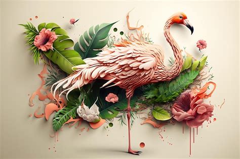 Imagem de pássaro flamingo de cores vivas flores tropicais