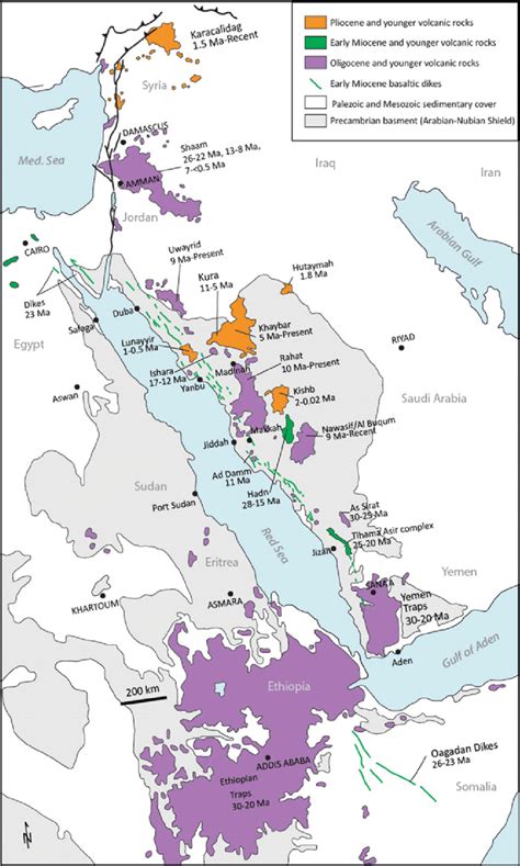 Map of pre-, syn-and post rift magmatism in the Red Sea region ...