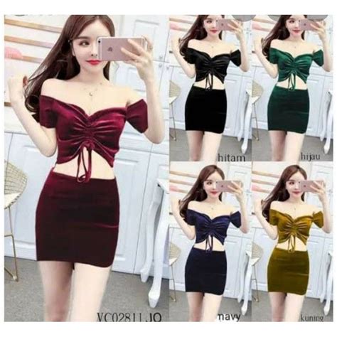 Jual Korean Midi Dress V Neck Bodycon Velvet Beludru Sexy Belah Bawah