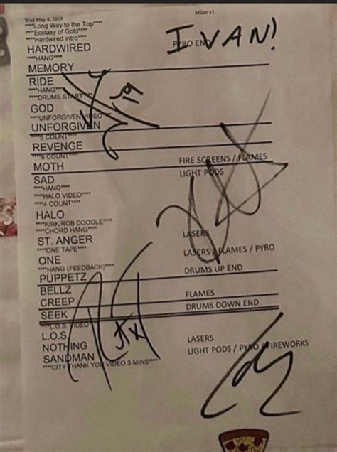 Metallica WorldWired Tour 2019 Set List Signed By Hetfield