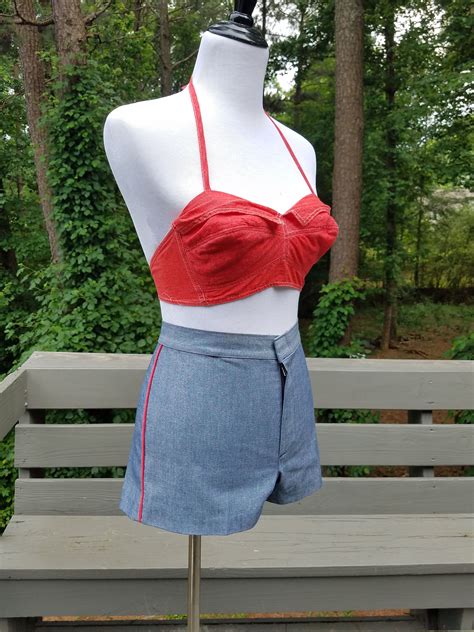 1970s Halter Top Red Denim Look Halter Top Vintage 70s Halter Top By