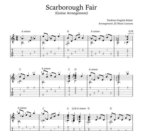 Scarborough Fair Guitar Sheet Music With Tabs Chords Melody And Arrangement Etsy