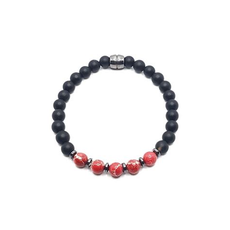 Pulseira Masculina Pedras Ônix Matte Jaspe Vermelho Marinho