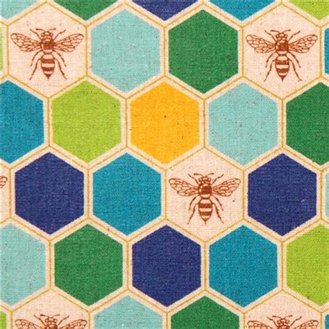 Bee Echino Canvas Fabric Blue Green Bee Honeycomb Fabric By Echino