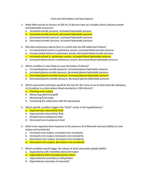 Fluid And Electrolytes Practice Questions