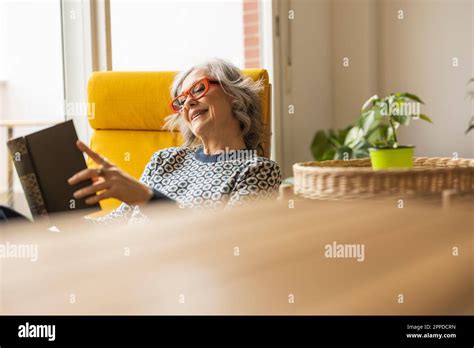Smiling Mature Woman Reading Book Sitting In Armchair At Home Stock