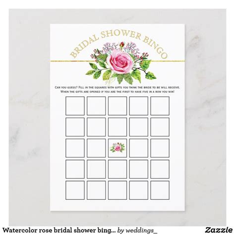 Watercolor Rose Bridal Shower Bingo Game Card Zazzle Bridal Shower