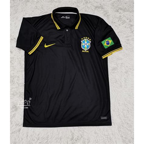 Camiseta De Time Futebol Masculino Sele O Brasil Preta Gola Polo