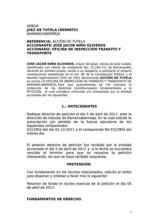 Tutela Vulneracion Derecho Fundamental De Petici N Se Or Juez De