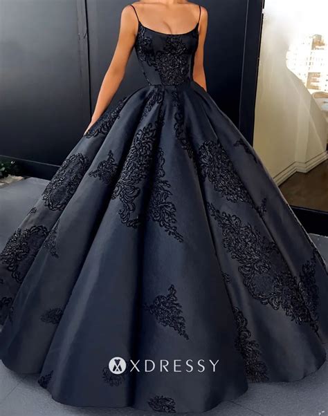 Lace Appliqued Dark Navy Satin Formal Ball Gown Xdressy