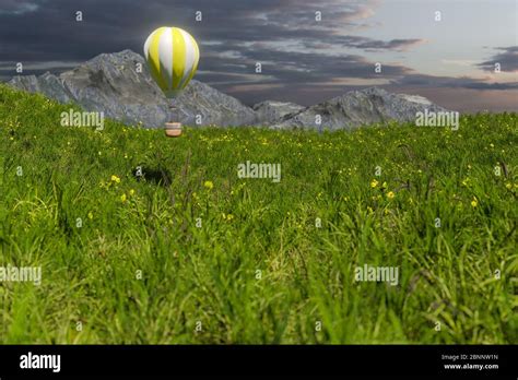 Flying Hot Air Balloon Over The Grass Field D Rendering Computer Digital Drawing Stock Photo