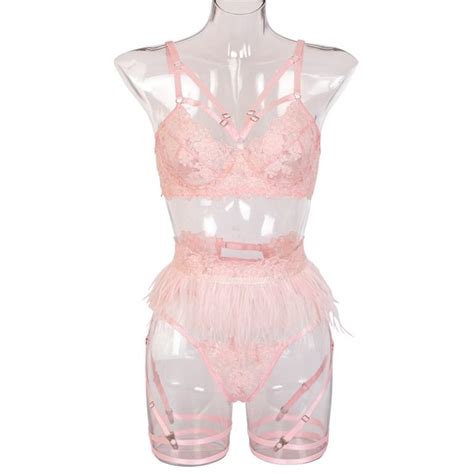 Feather Sexy Transparent Lingerie 3 Pcs Set Power Day Sale