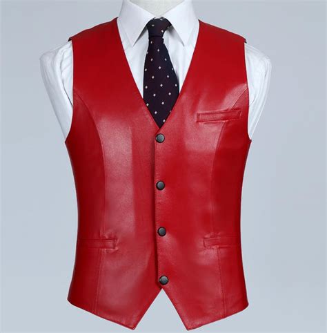 Chaleco Rojo De Cuero Genuino Para Hombres Chaqueta De Piel De Cordero