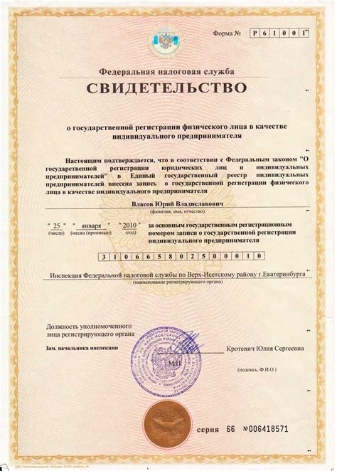 Свидетельство о государственной регистрации физического лица в качестве ИП