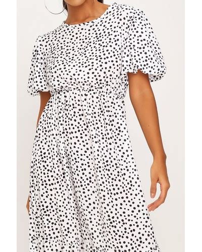 Woven Polka Dot Puff Sleeve Frill Hem Midi Dress White