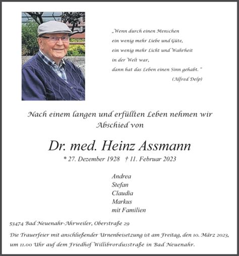 Traueranzeigen Von Heinz Assmann Om Trauer De