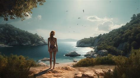 Hermosa Mujer En Bikini En La Playa Panoramic Bannergenerative Ai