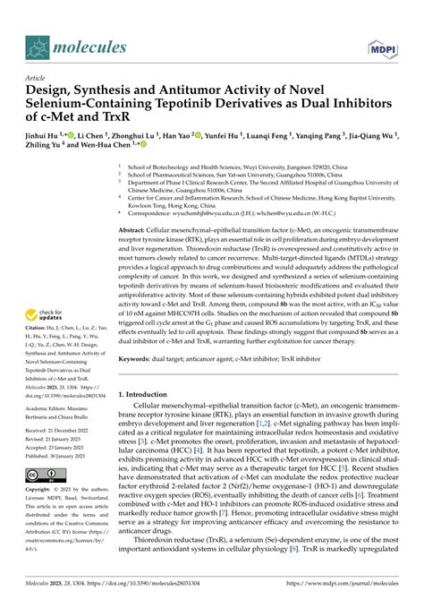 Pdf Design Synthesis And Antitumor Activity Of Novel Selenium