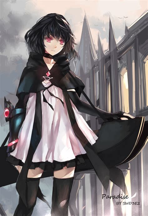 Safebooru 1girl Black Hair Cape Choker Dress Elbow Gloves English Gloves Highres Original Red