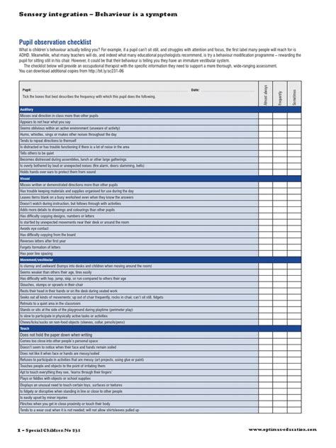 Sensory Integration Checklist Pdf Sensory Processing Disorder Cognitive Science