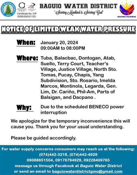 Water Supply Interruption Advisory For January 20 2024 Baguio Water