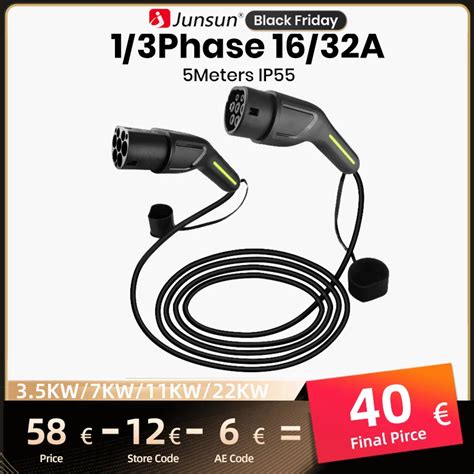 Junsun EV Charging Cable 32A 22KW Three Phase Electric Vehicle Cord For