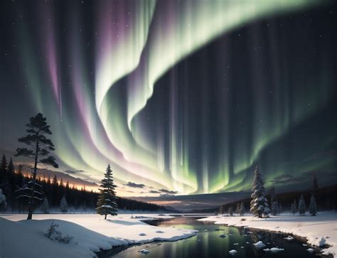 Premium AI Image | A winter landscape with the aurora borealis above it