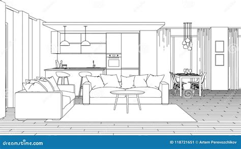 Modern House Interior. Design Project. Sketch Stock Illustration ...