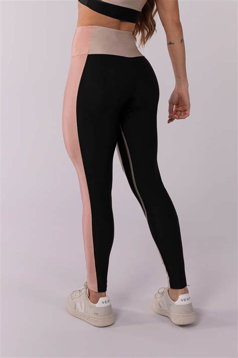 Calça Legging Cós Largo e Ponto de Cobertura Nude Preto Rosê