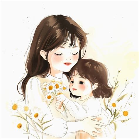 A Mother And Daughter Embracing With Daisies Premium Ai Generated Image