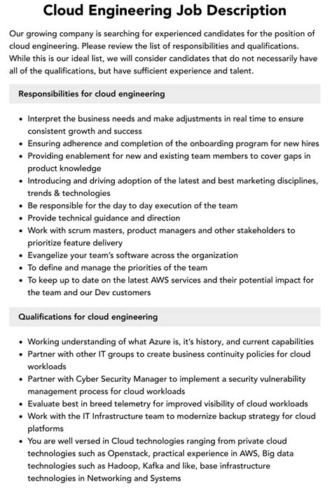 Cloud Engineering Job Description Velvet Jobs