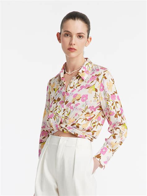 19 Momme Mulberry Silk Floral Print Women Shirt Goelia