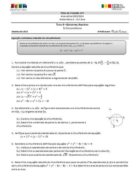 Ft7 Circunferencia Geometria Ficha De Trabalho Nº 7 Ano Letivo 202