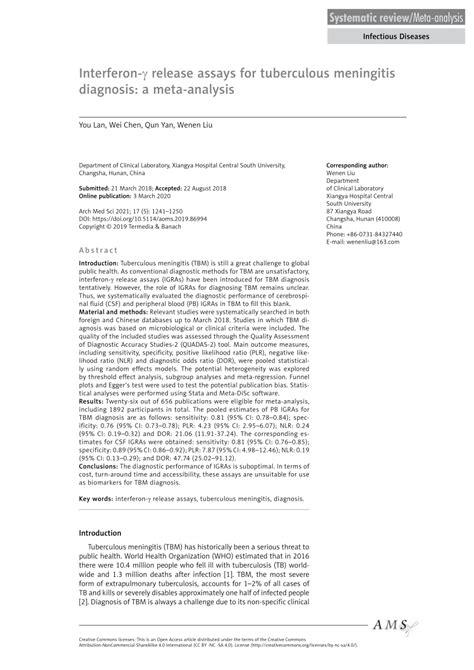 Pdf Interferon γ Release Assays For Tuberculous Meningitis Diagnosis A Meta Analysis