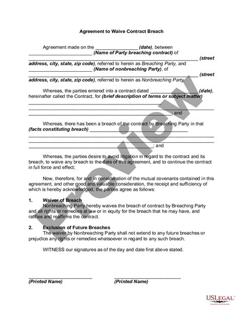 Pennsylvania Agreement To Waive Contract Breach Agreement Contract