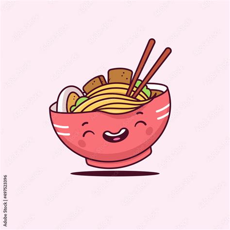 Ramen Noodles Bowl Kawaii Vector Cartoon Mascot Character Illustration