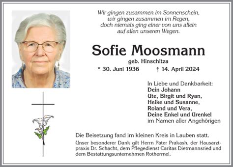 Traueranzeigen von Sofie Moosmann Allgäuer Zeitung